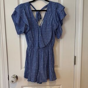 American Eagle Outfitters Blue romper with Subtle White Dots